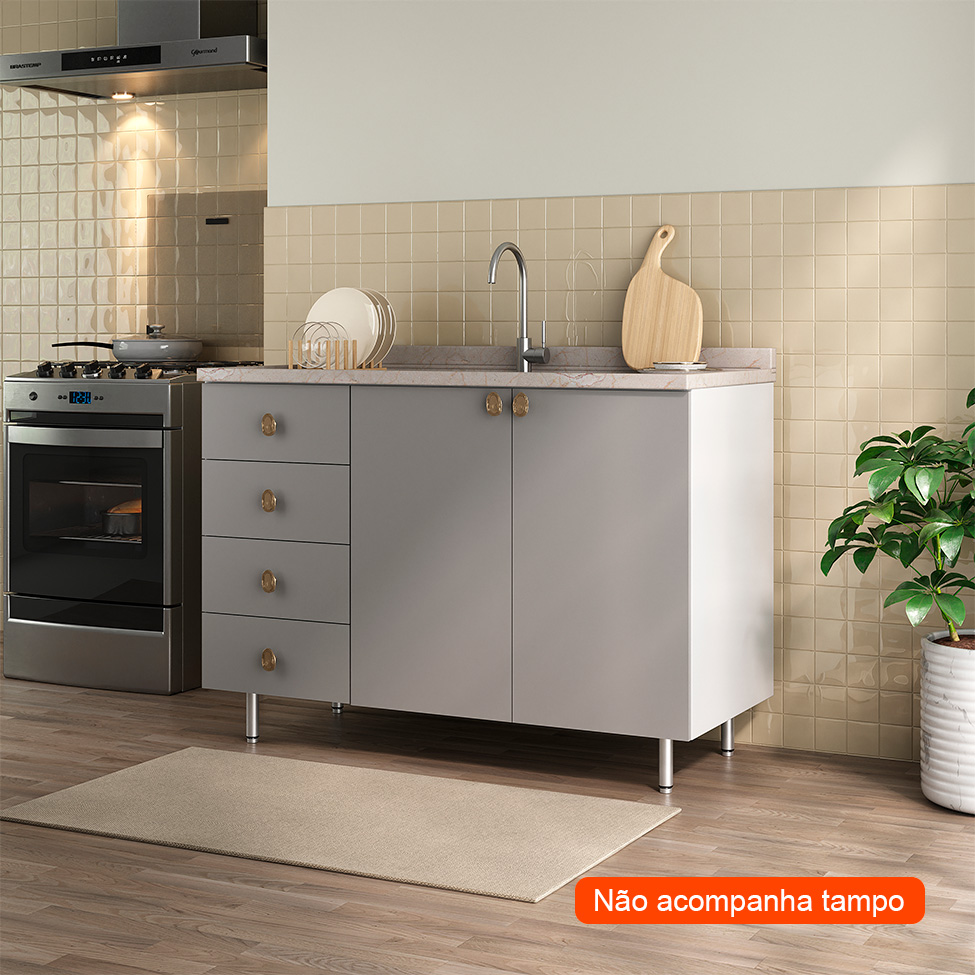 Balcão de Cozinha sem Tampo Maranello 100% MDF 2 Portas 4 Gavetas Cinza