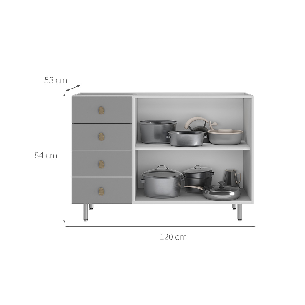 Balcão de Cozinha sem Tampo Maranello 100% MDF 2 Portas 4 Gavetas Cinza