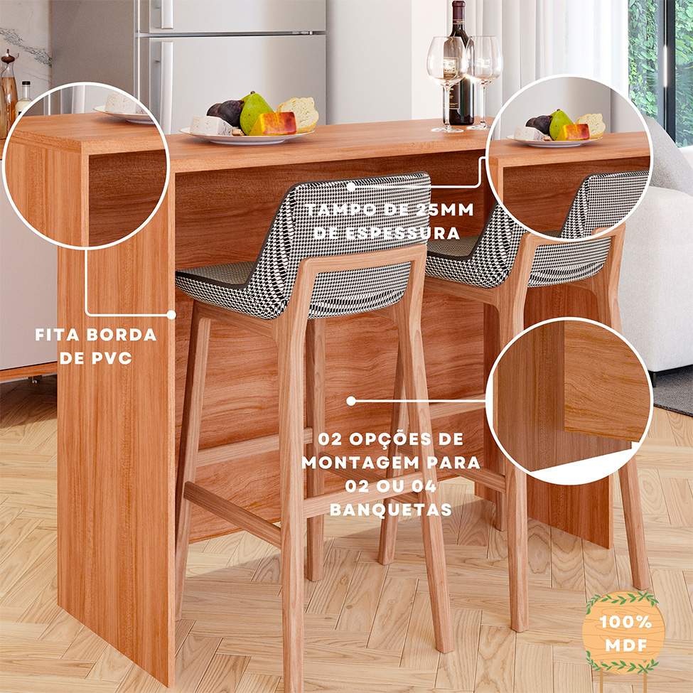 Bancada Ilha Domus 100% MDF Cinamomo 125 cm