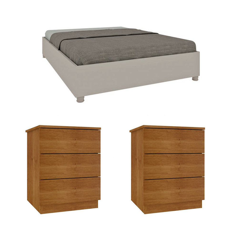 Base para Cama Box Casal Mônaco Off White com 2 Mesas de Cabeceira Veronna 3 GV Cinamomo