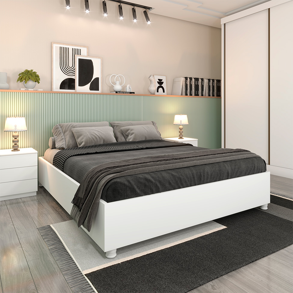 Base para Cama Box Casal Mônaco com 2 Mesas de Cabeceira Veronna 3 GV Neve