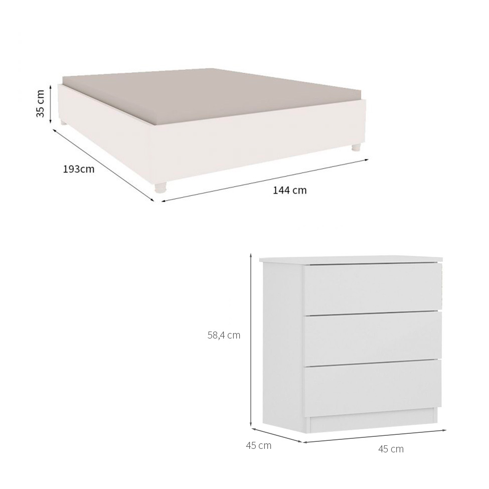 Base para Cama Box Casal Mônaco com 2 Mesas de Cabeceira Veronna 3 GV Neve