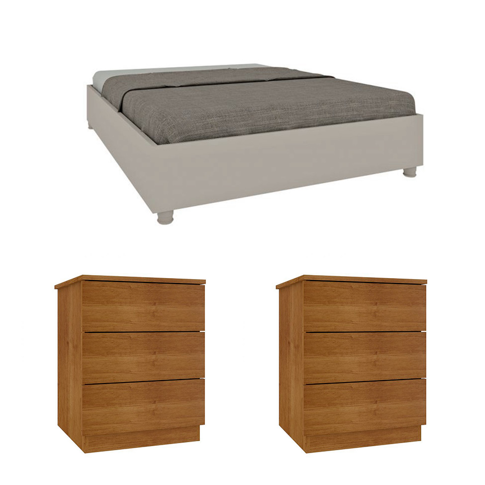 Base para Cama Box Queen Mônaco Off White com 2 Mesas de Cabeceira Veronna 3 GV Cinamomo