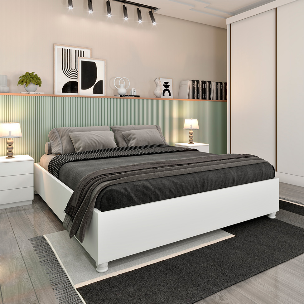 Base para Cama Box Queen Mônaco com 2 Mesas de Cabeceira Veronna 3 GV Neve