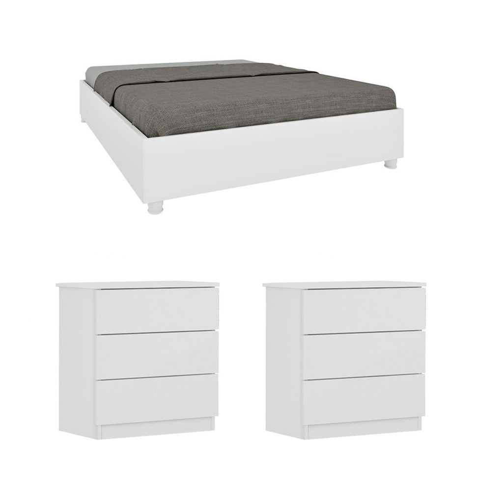 Base para Cama Box Queen Mônaco com 2 Mesas de Cabeceira Veronna 3 GV Neve