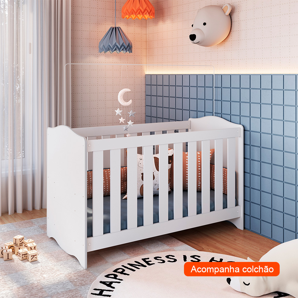 Berço 3 em 1 com Colchão Espuma D18 (10x60x130) Encanto Branco
