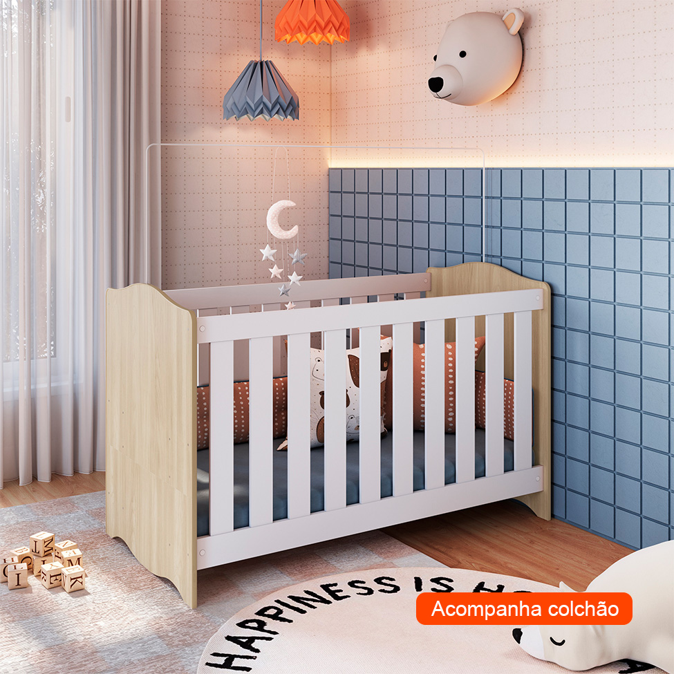 Berço 3 em 1 com Colchão Espuma D18 (10x60x130) Encanto Branco e Carvalho