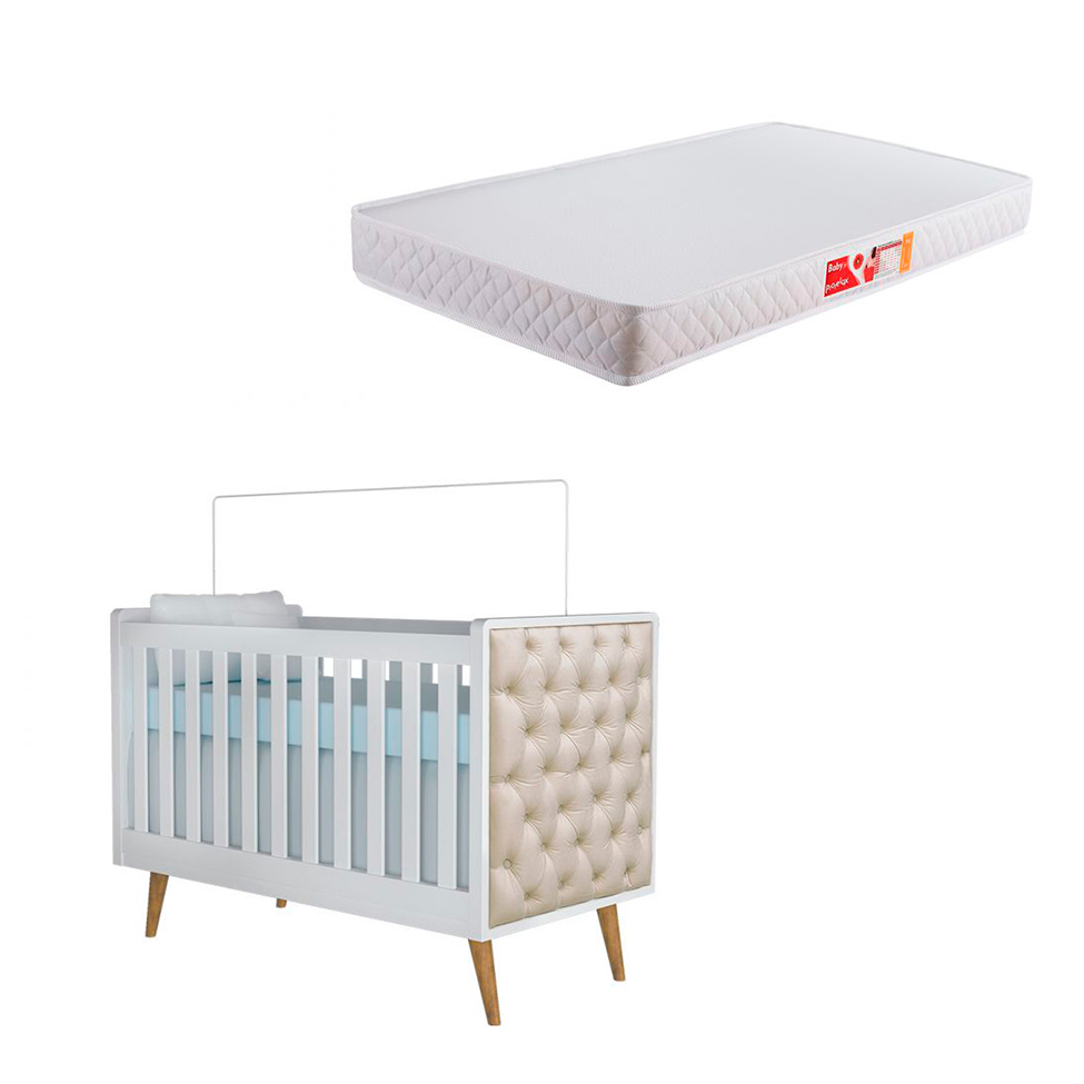 Berço Minicama com Capitonê Lorena Branco com Colchão Infantil Baby Liso D18 (10x70x130) Branco