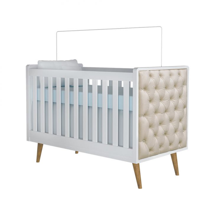 Berço Minicama com Capitonê Lorena Branco com Colchão Infantil Baby Liso D18 (10x70x130) Branco