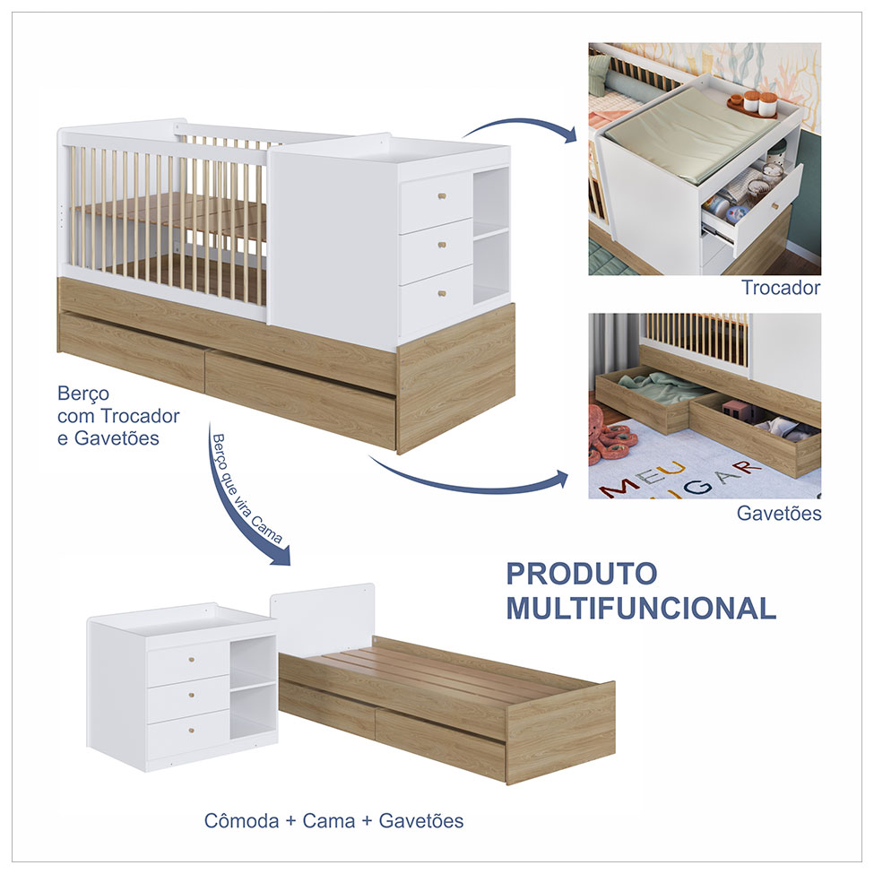 Berço Multifuncional Cristal 5 GV Aveiro e Branco