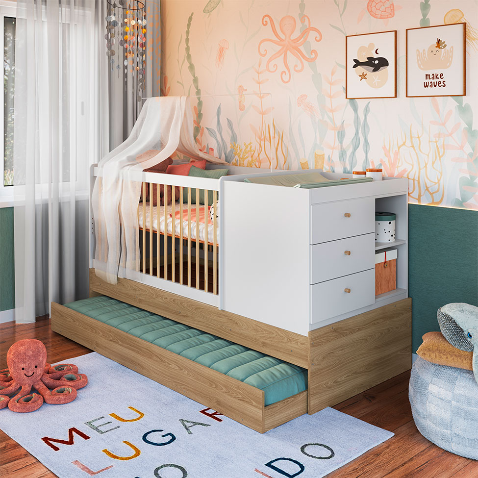 Berço Multifuncional com Cama Auxiliar Cristal 3 GV Aveiro e Branco
