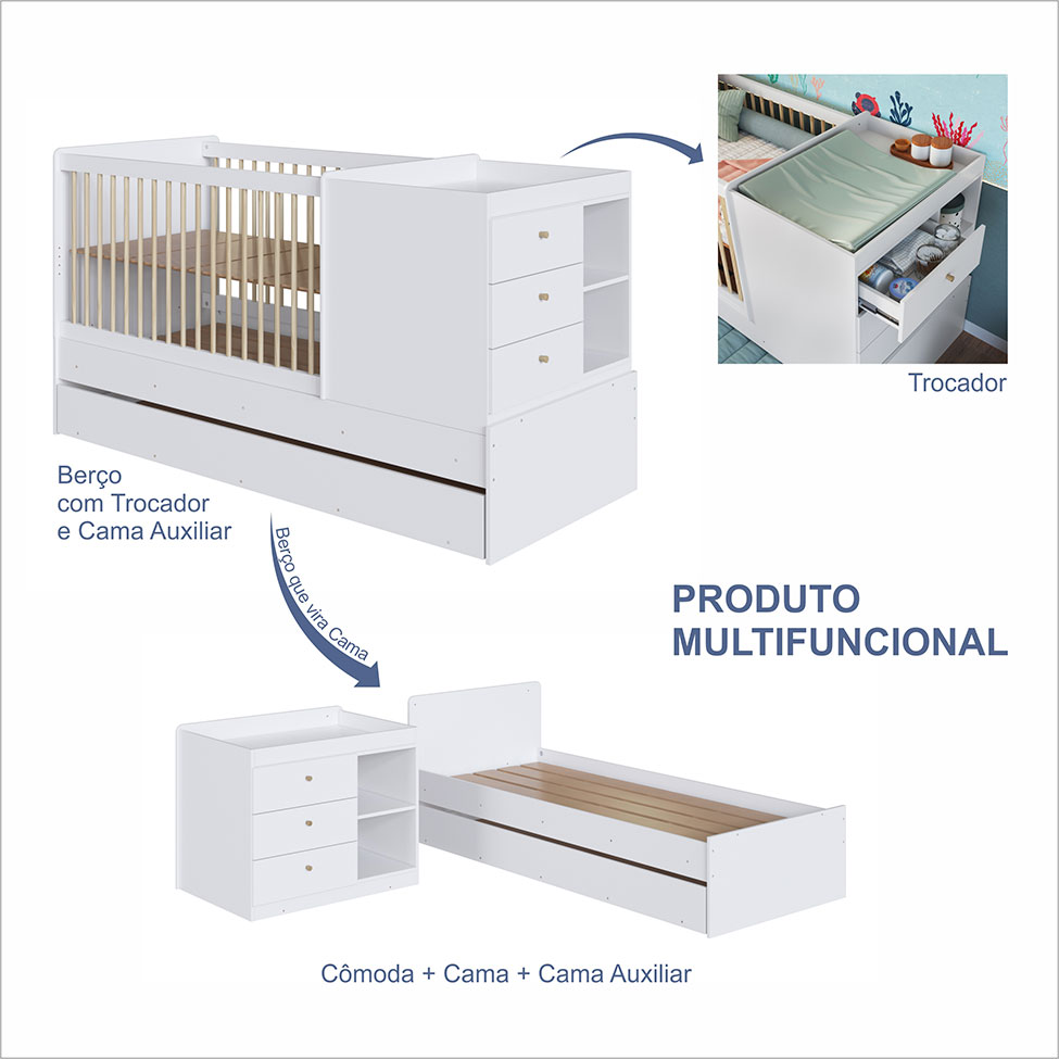 Berço Multifuncional com Cama Auxiliar Cristal 3 GV Branco