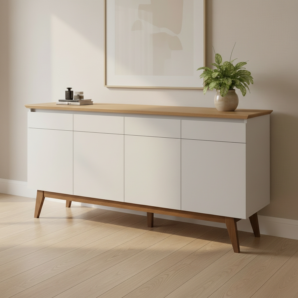 Buffet Aparador Mazza 4 Portas Branco e Cedro