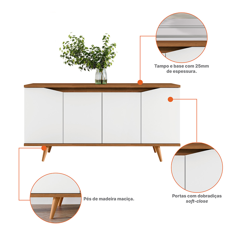 Buffet Grace 4 Portas Branco e Cedro