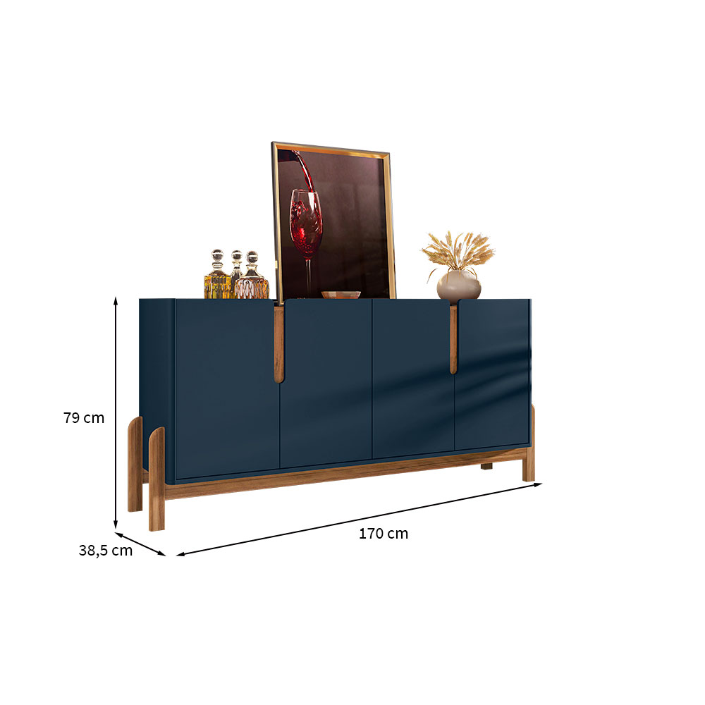 Buffet Lizz 4 PT Azul e Cedro 170 cm