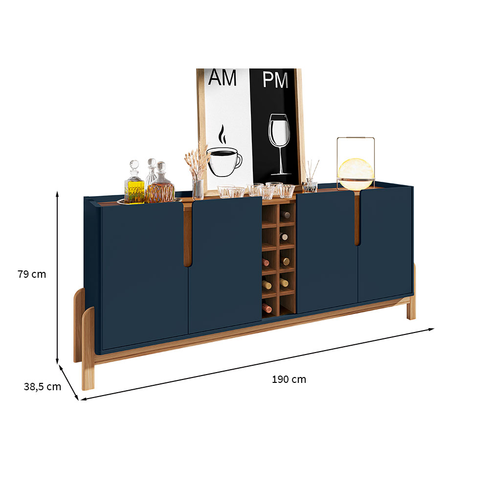 Buffet Lizz 4 PT Azul e Cedro 190 cm