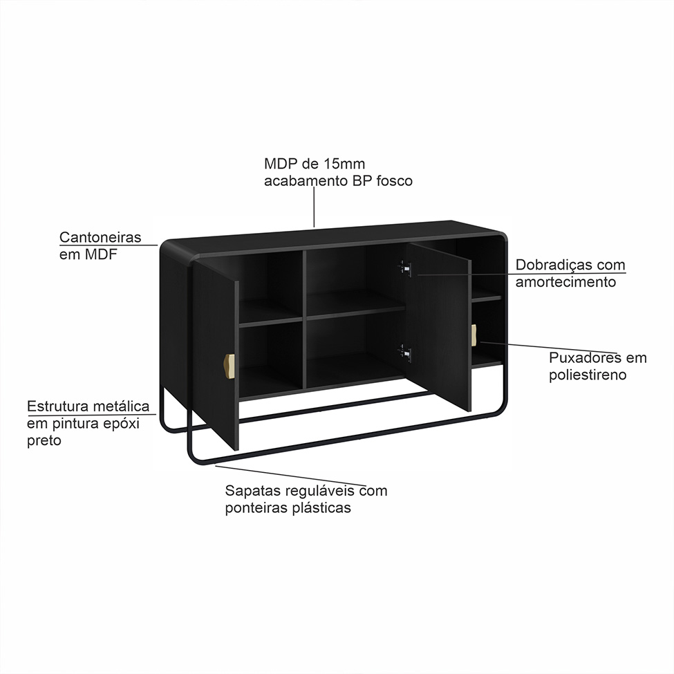Buffet Luna 2 Portas Preto e Dourado 135 cm
