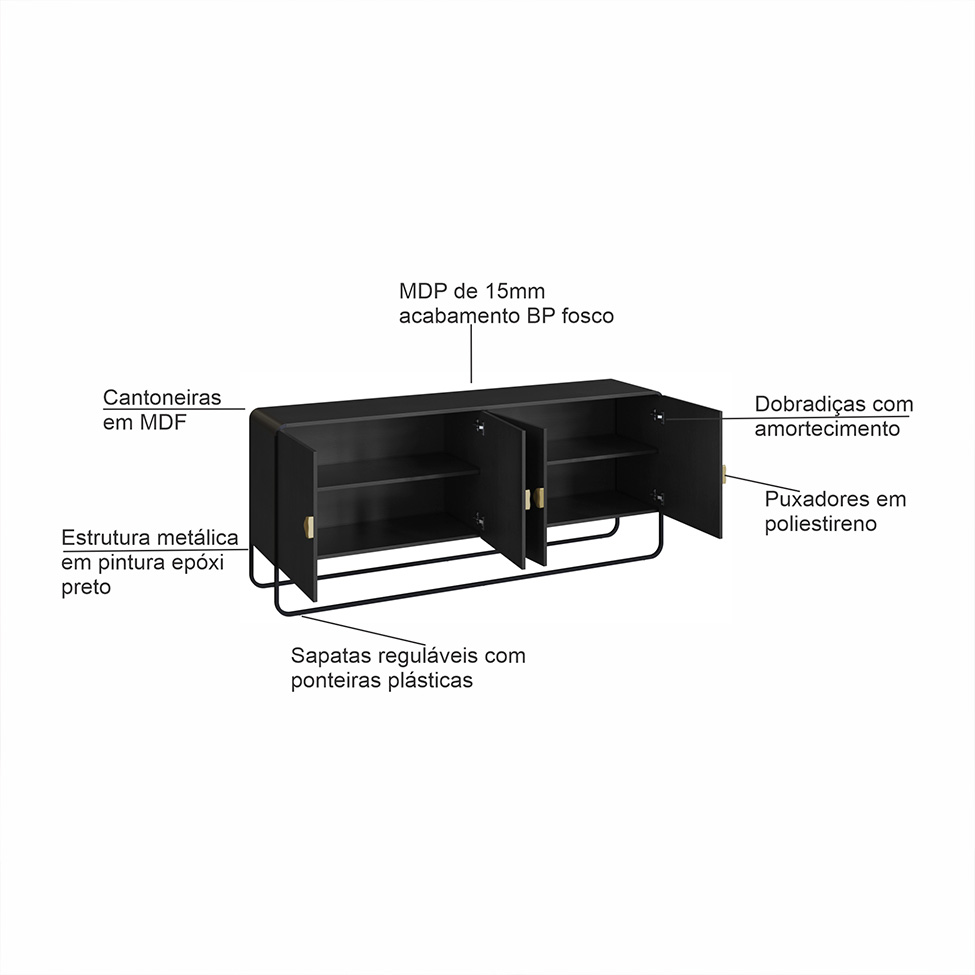 Buffet Luna 4 Portas Preto e Dourado