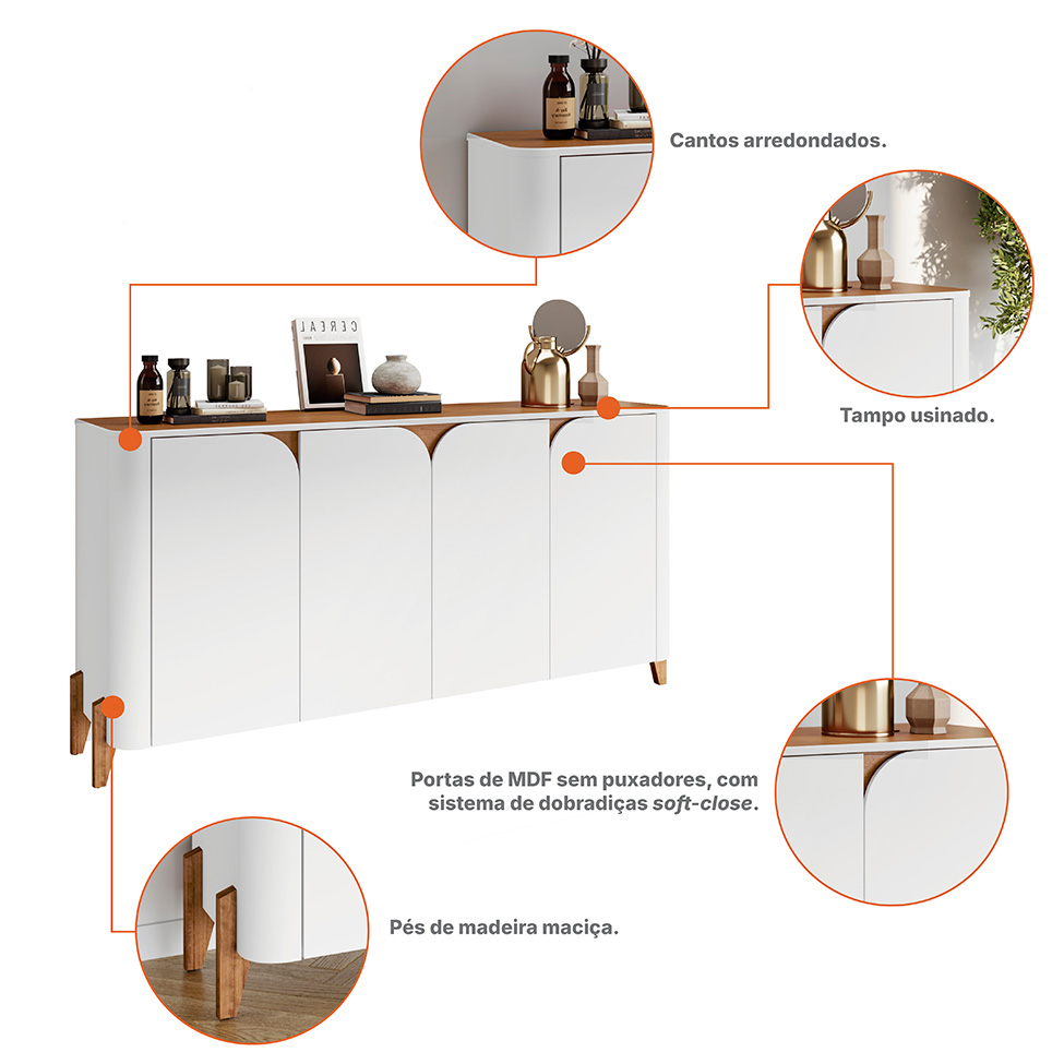 Buffet Memphis 4 Portas Branco e Cedro