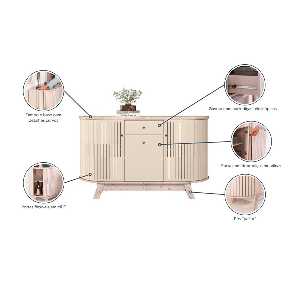 Buffet Monza 3 Portas 1 Gaveta Off White e Calacata