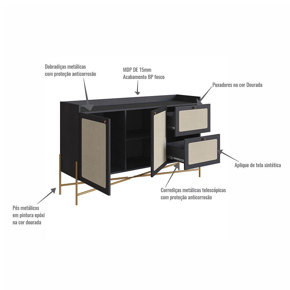 Buffet Oslo 2 PT 2 GV Preto e Dourado