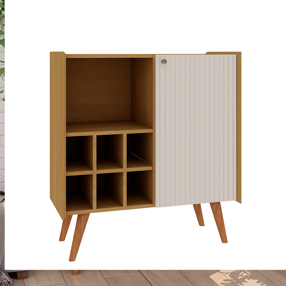 Buffet Vértice Ripado com Adega 2 Portas Off White e Cinamomo