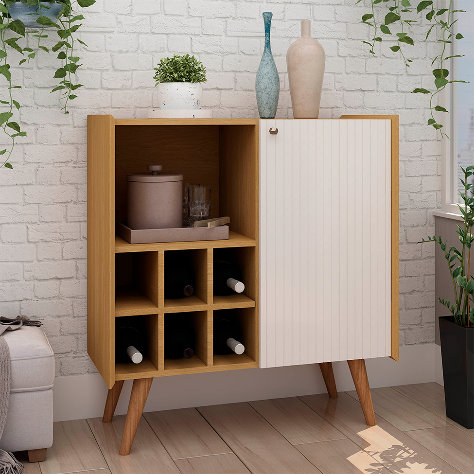Buffet Vértice Ripado com Adega 2 Portas Off White e Cinamomo
