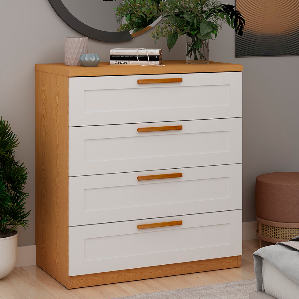 Cômoda 100% MDF Madri 6 Gavetas Branca e Cinamomo