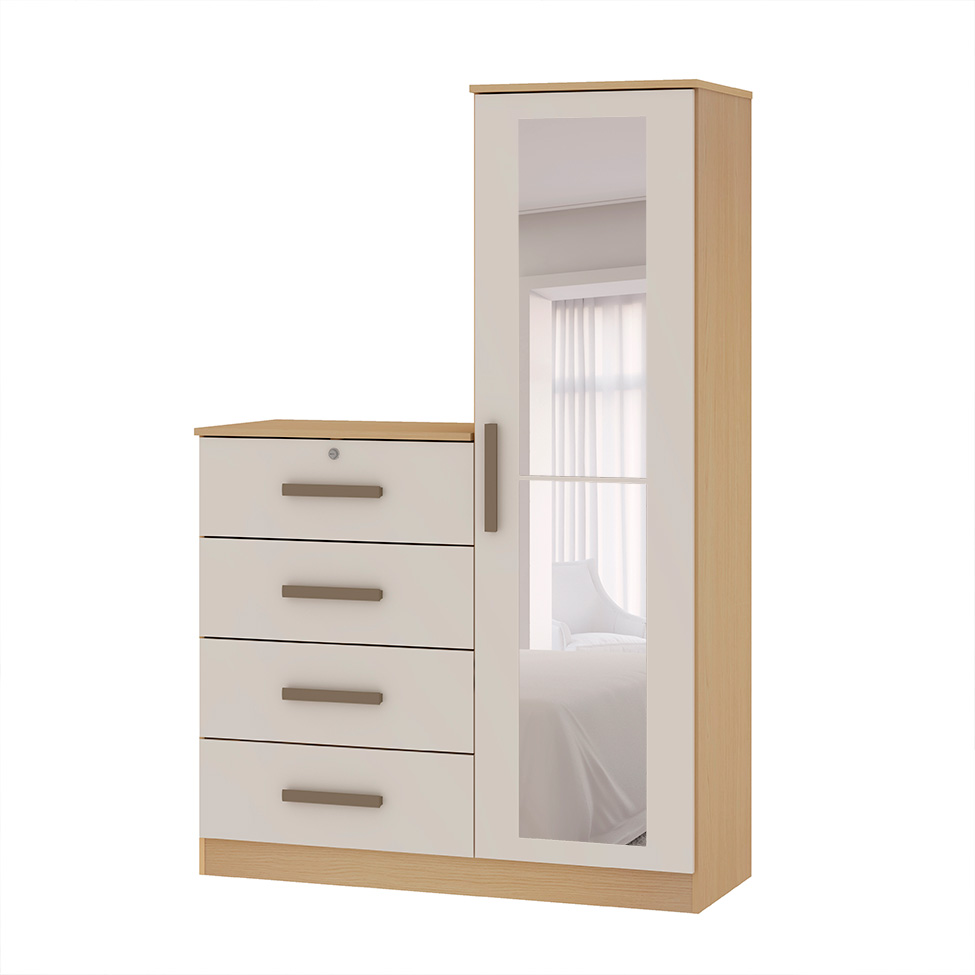 Cômoda Aurora com Espelho 1 Porta 4 Gavetas Off White e Freijó