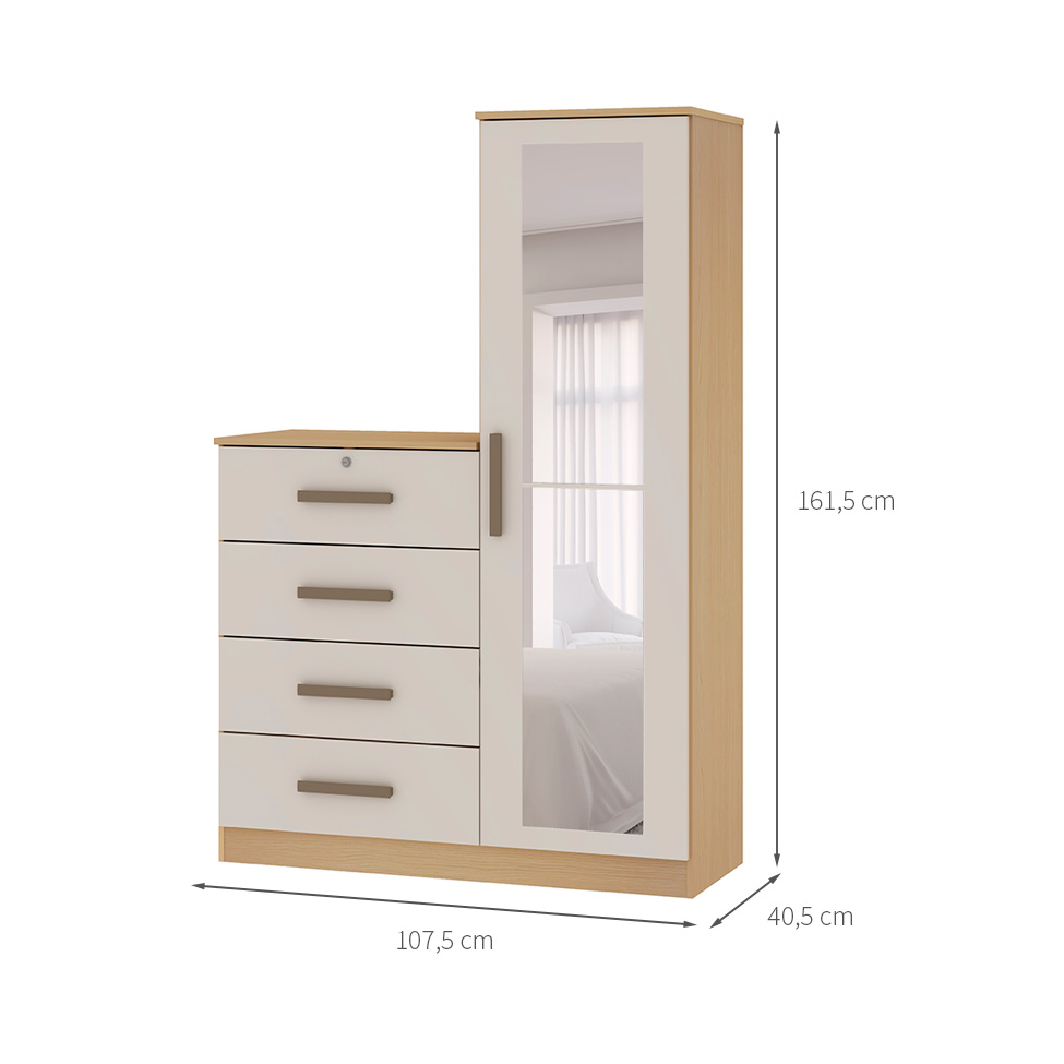 Cômoda Aurora com Espelho 1 Porta 4 Gavetas Off White e Freijó