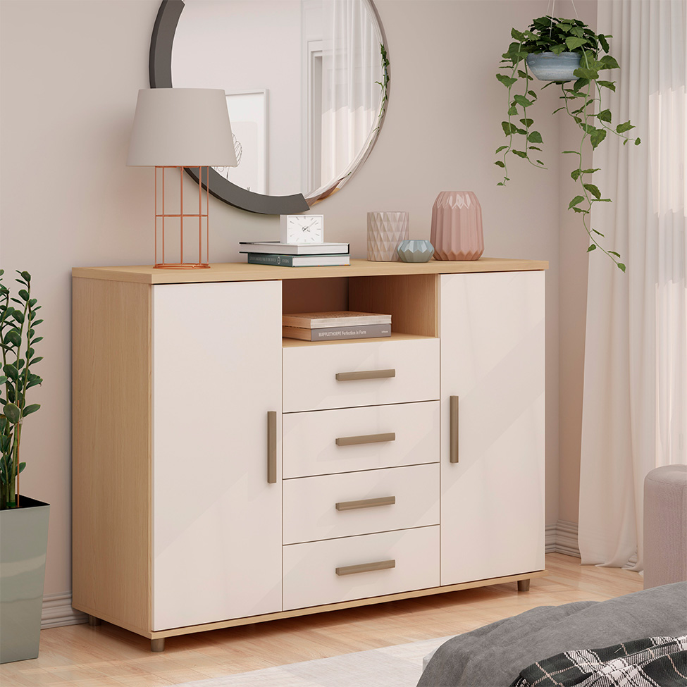 Cômoda Berlim 2 Portas 4 Gavetas Off White e Freijó