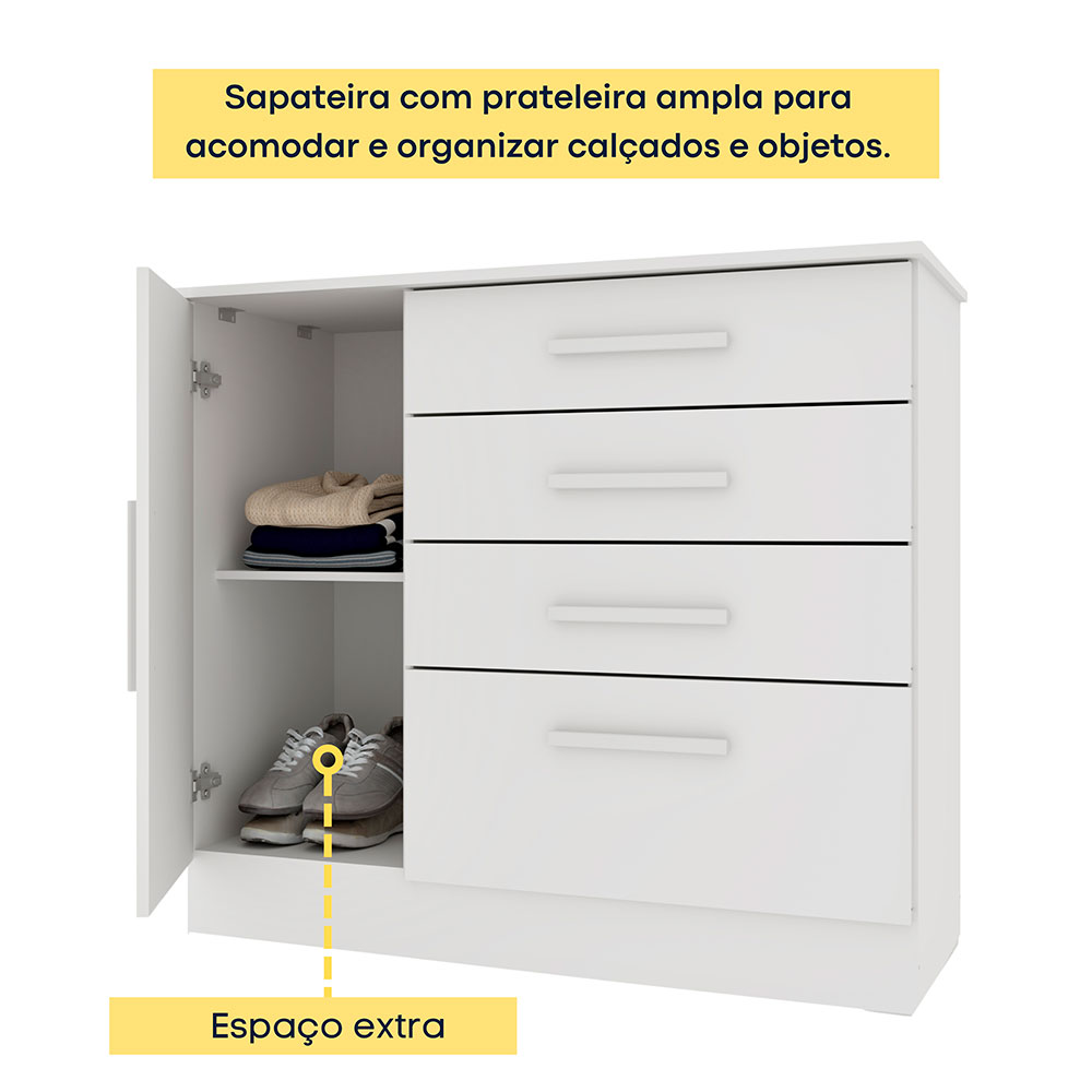 Cômoda Chicago 1 Porta 4 Gavetas 104 cm Neve