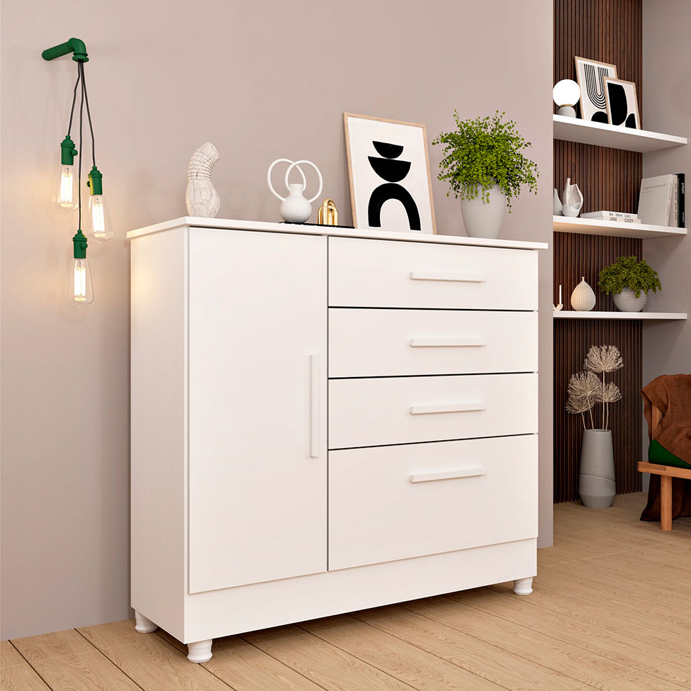 Cômoda Chicago 1 Porta 4 Gavetas 104 cm Neve