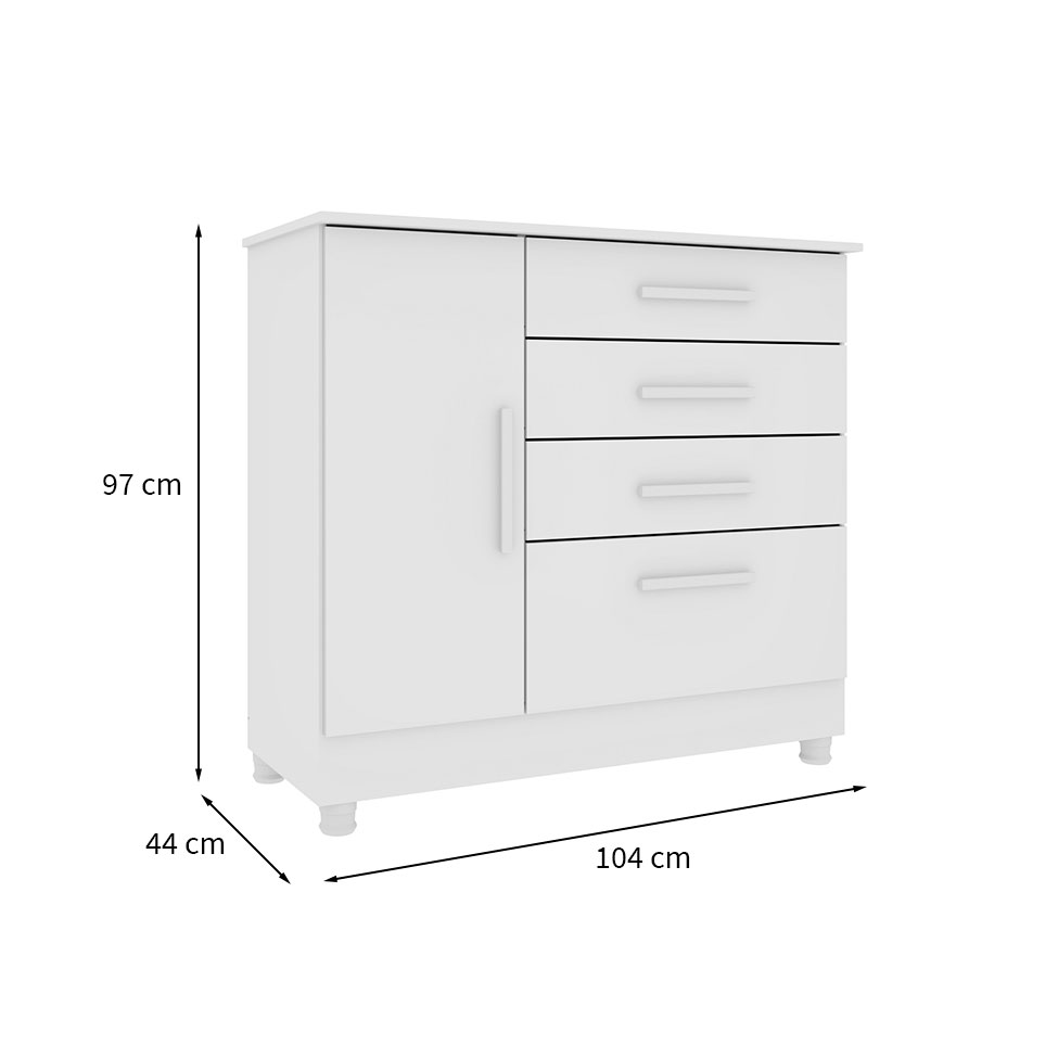 Cômoda Chicago 1 Porta 4 Gavetas 104 cm Neve
