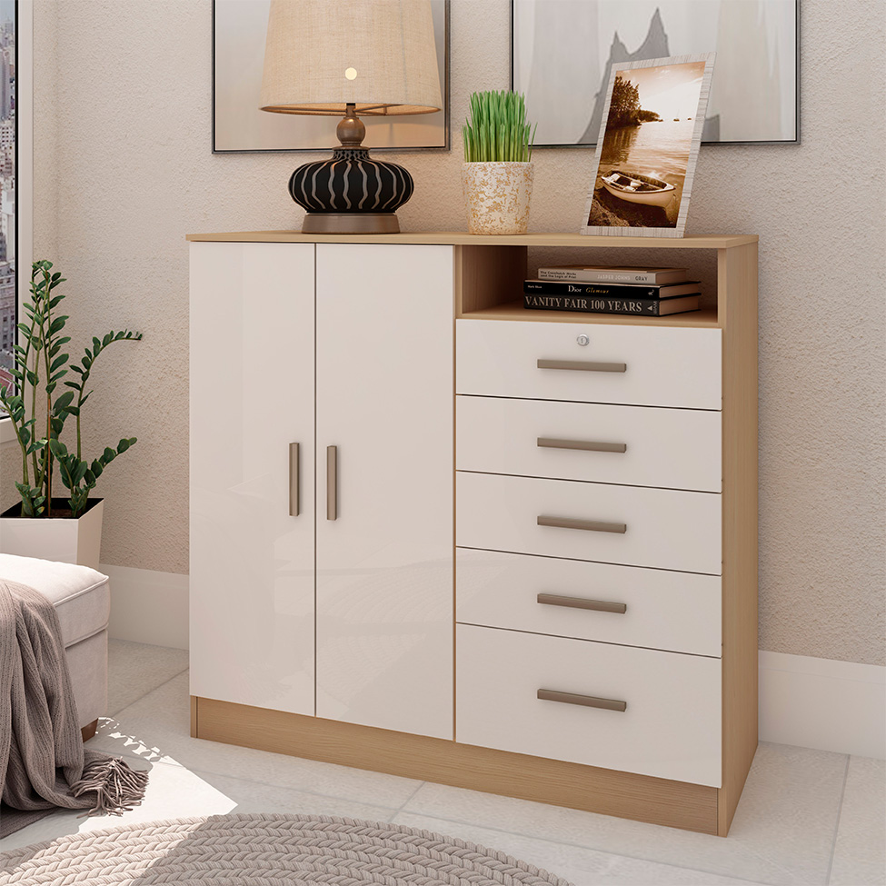 Cômoda Guatemala 2 Portas 5 Gavetas Off White e Freijó