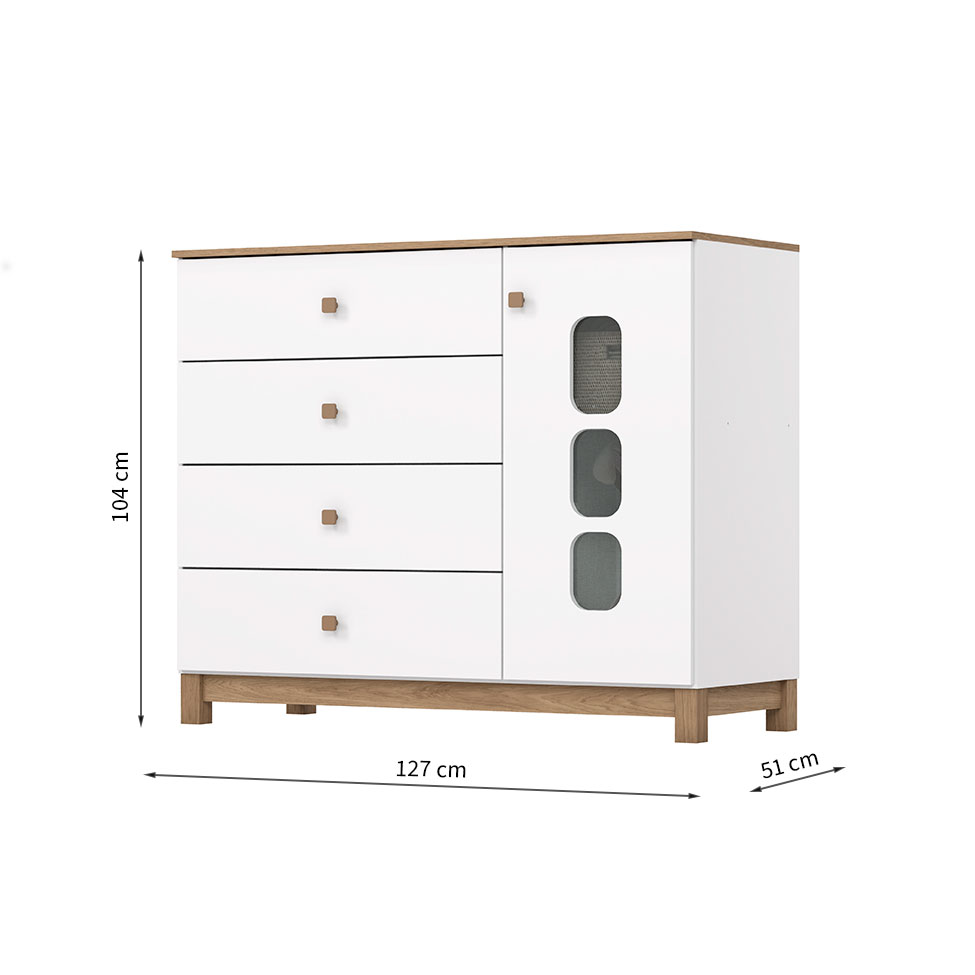 Cômoda Infantil Aconchego 1 PT 4 GV Branca e Jequitibá