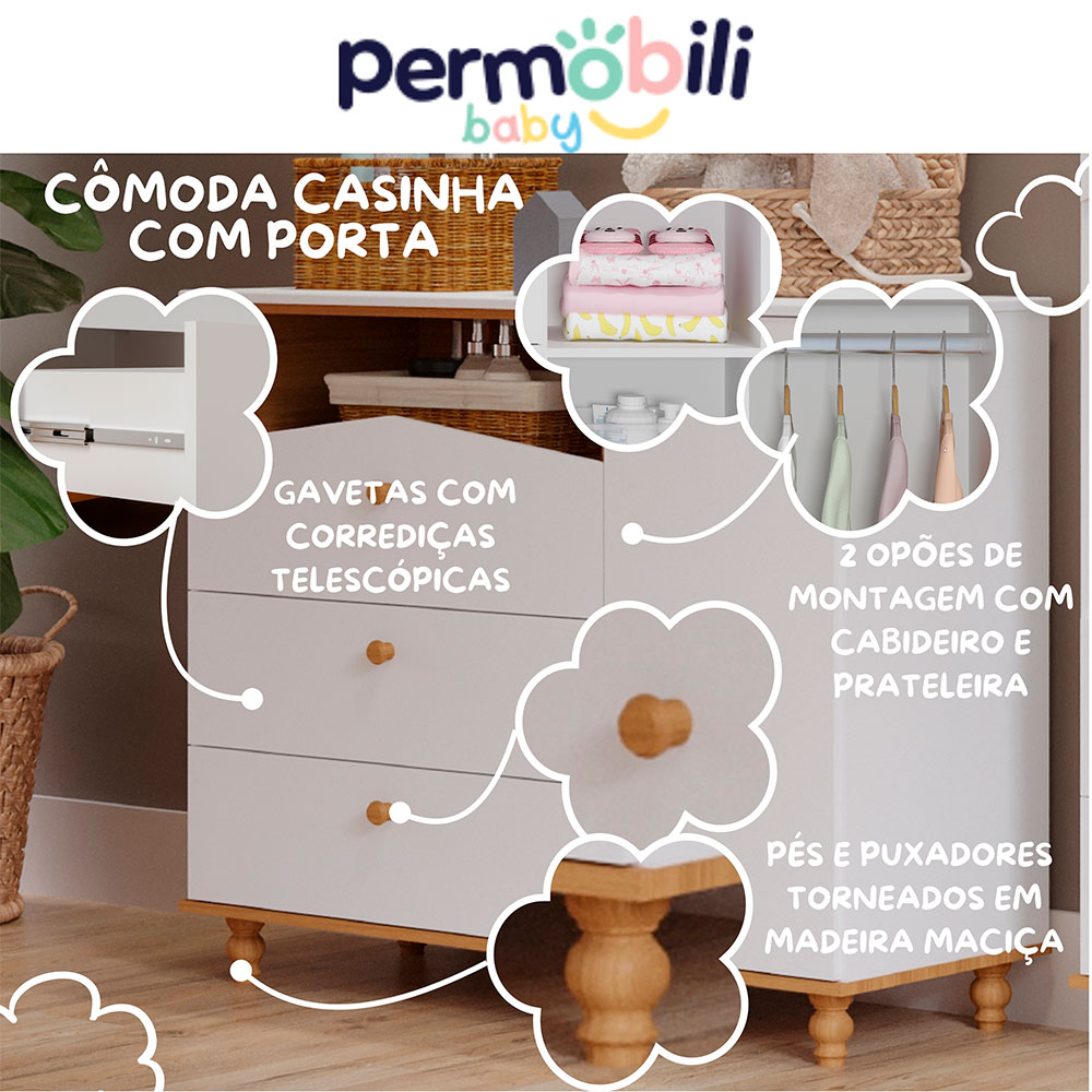 Cômoda Infantil Casinha 1 PT 3 GV Branca e Nature