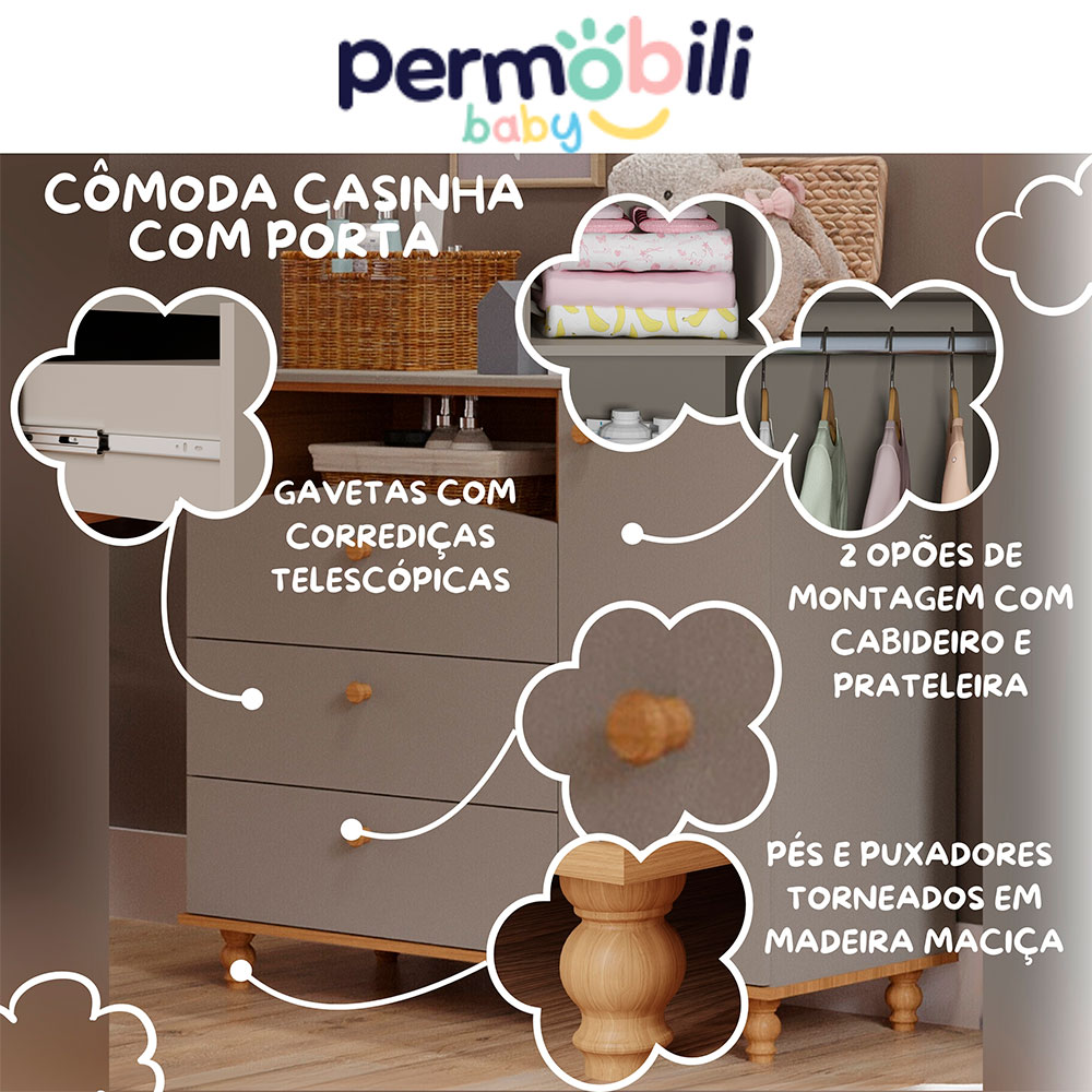 Cômoda Infantil Casinha 1 PT 3 GV Fendi e Nature