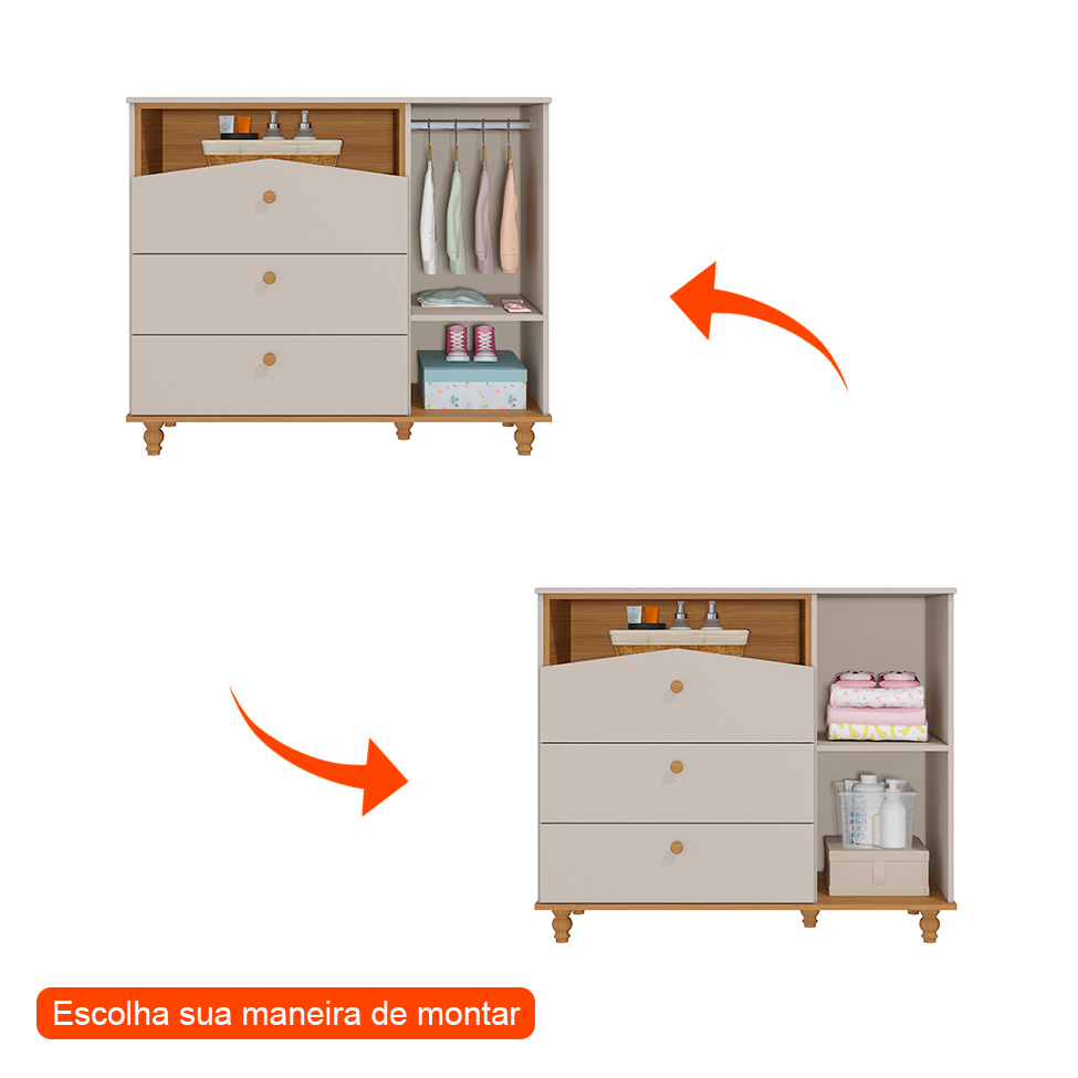 Cômoda Infantil Casinha 1 PT 3 GV Off White e Nature