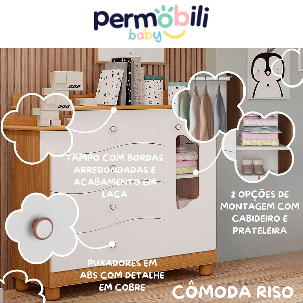 Cômoda Infantil Riso 1 PT 4 GV Nature e Branca