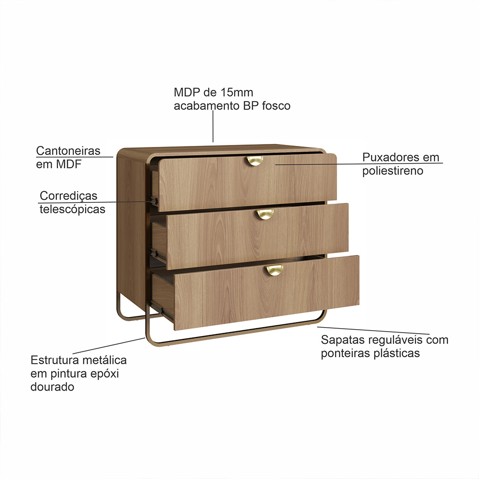 Cômoda Luna 3 Gavetas Hanover e Dourado