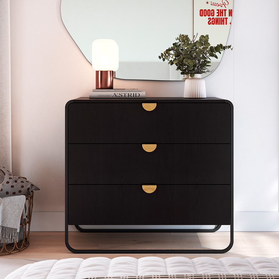 Cômoda Luna 3 Gavetas Preto e Dourado