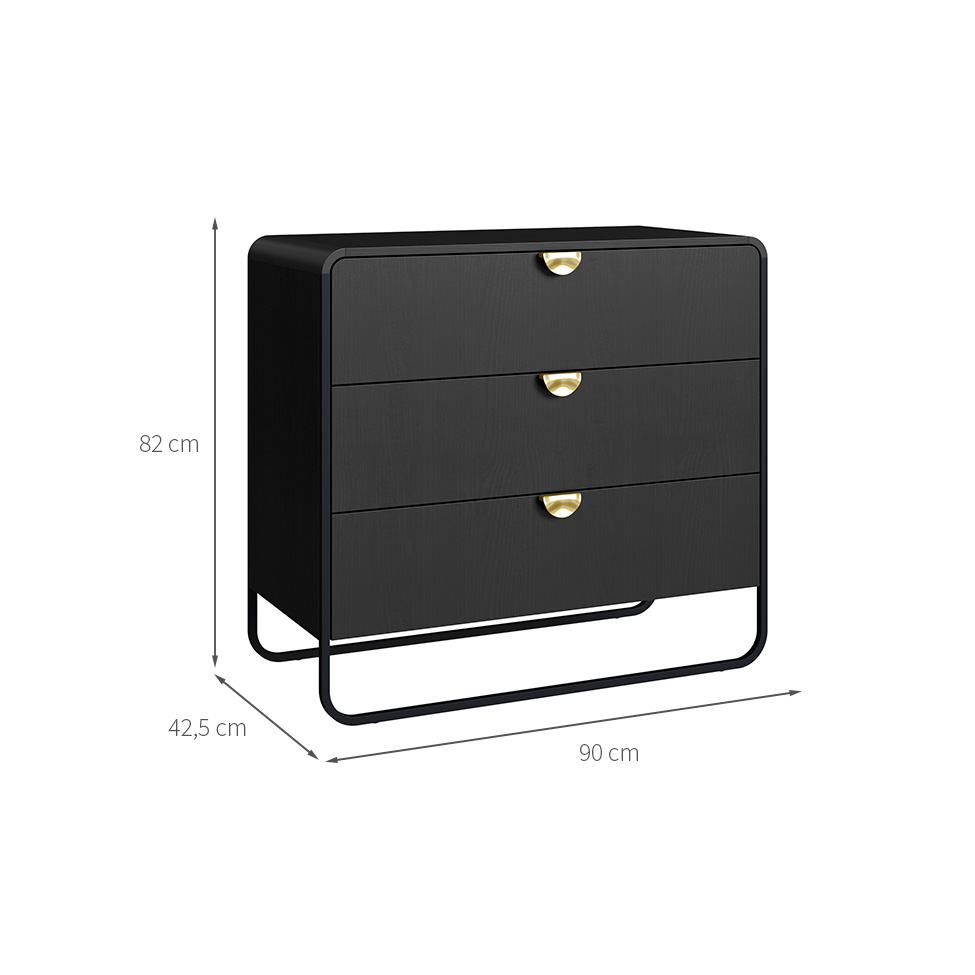 Cômoda Luna 3 Gavetas Preto e Dourado