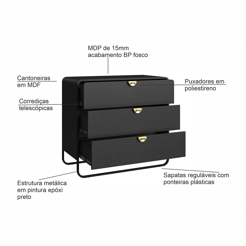 Cômoda Luna 3 Gavetas Preto e Dourado