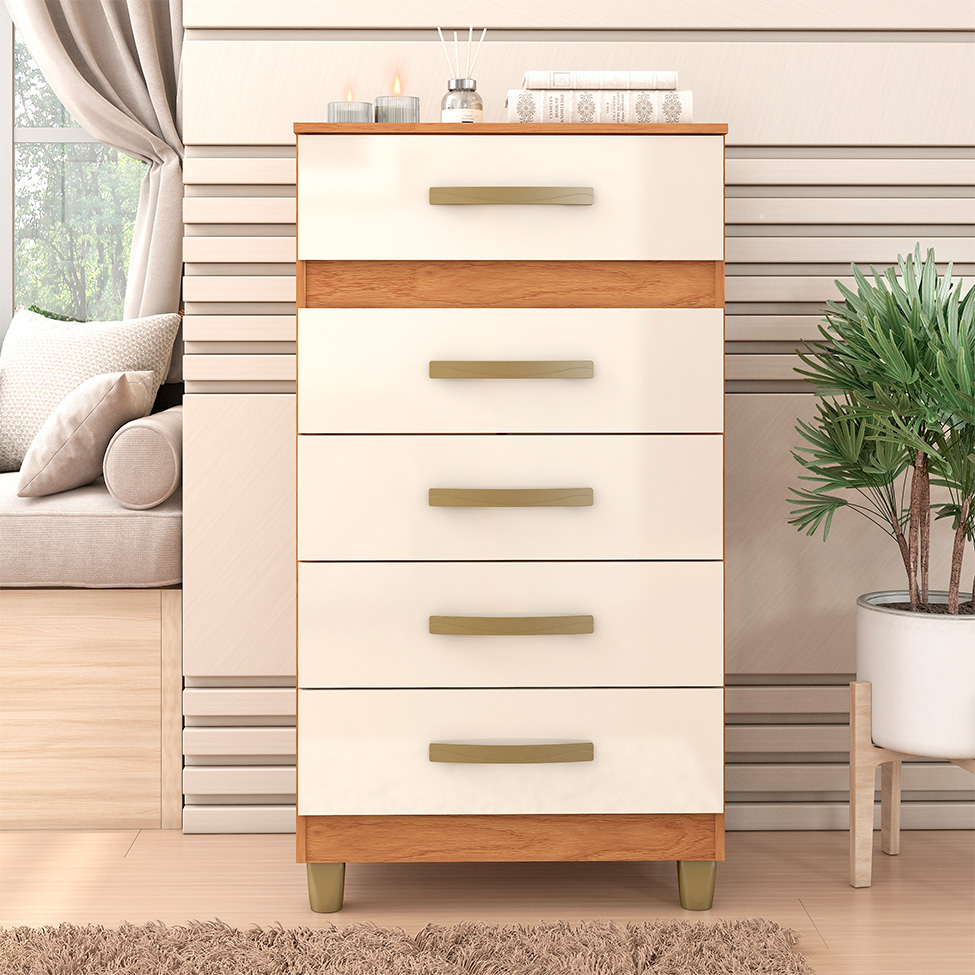 Cômoda Malta 5 Gavetas Cinamomo e Off White