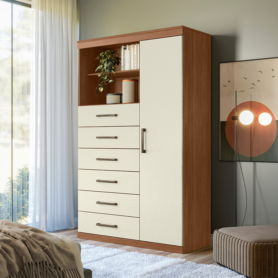 Cômoda Marabá 1 Porta 6 Gavetas Jatobá e Areia