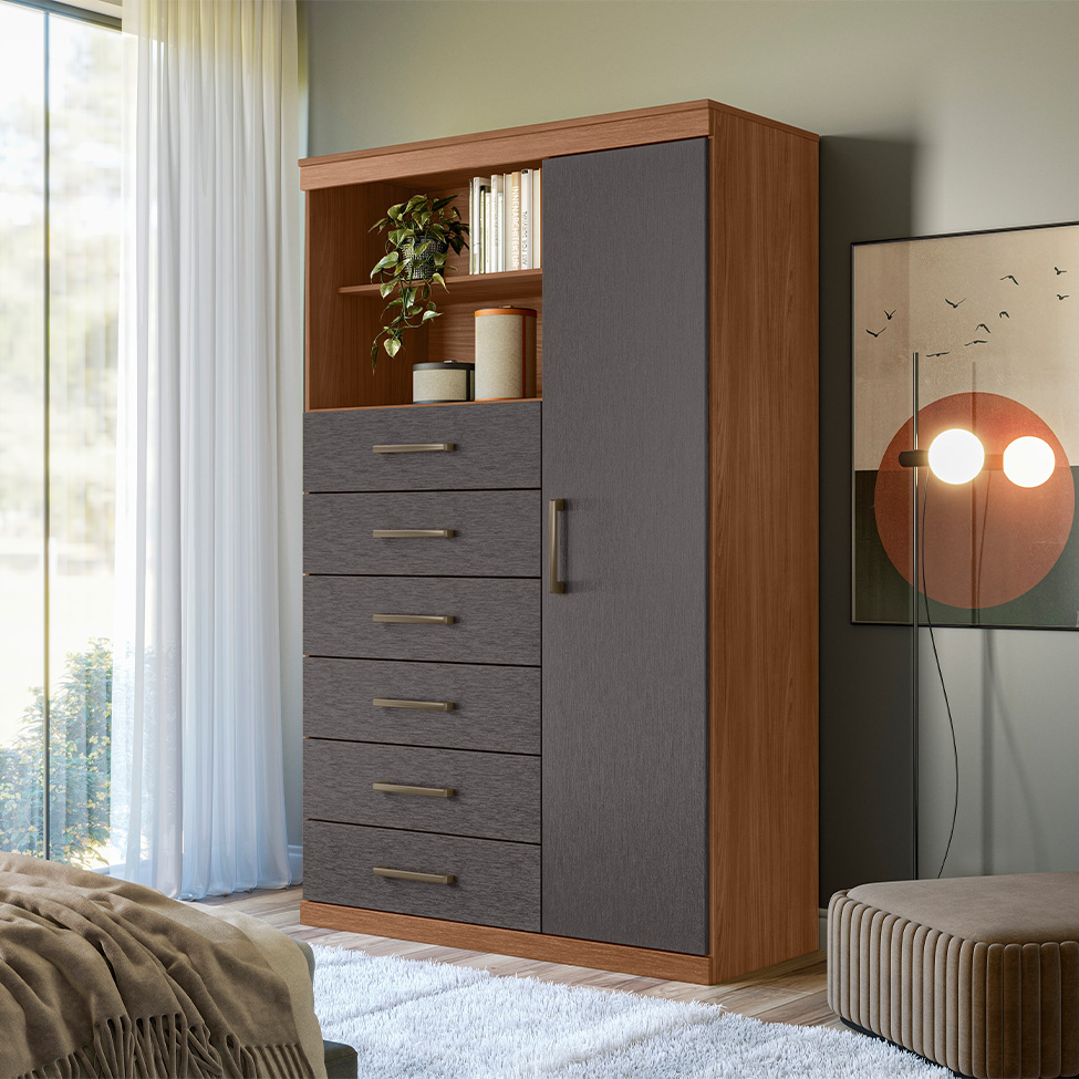 Cômoda Marabá 1 Porta 6 Gavetas Jatobá e Grafite