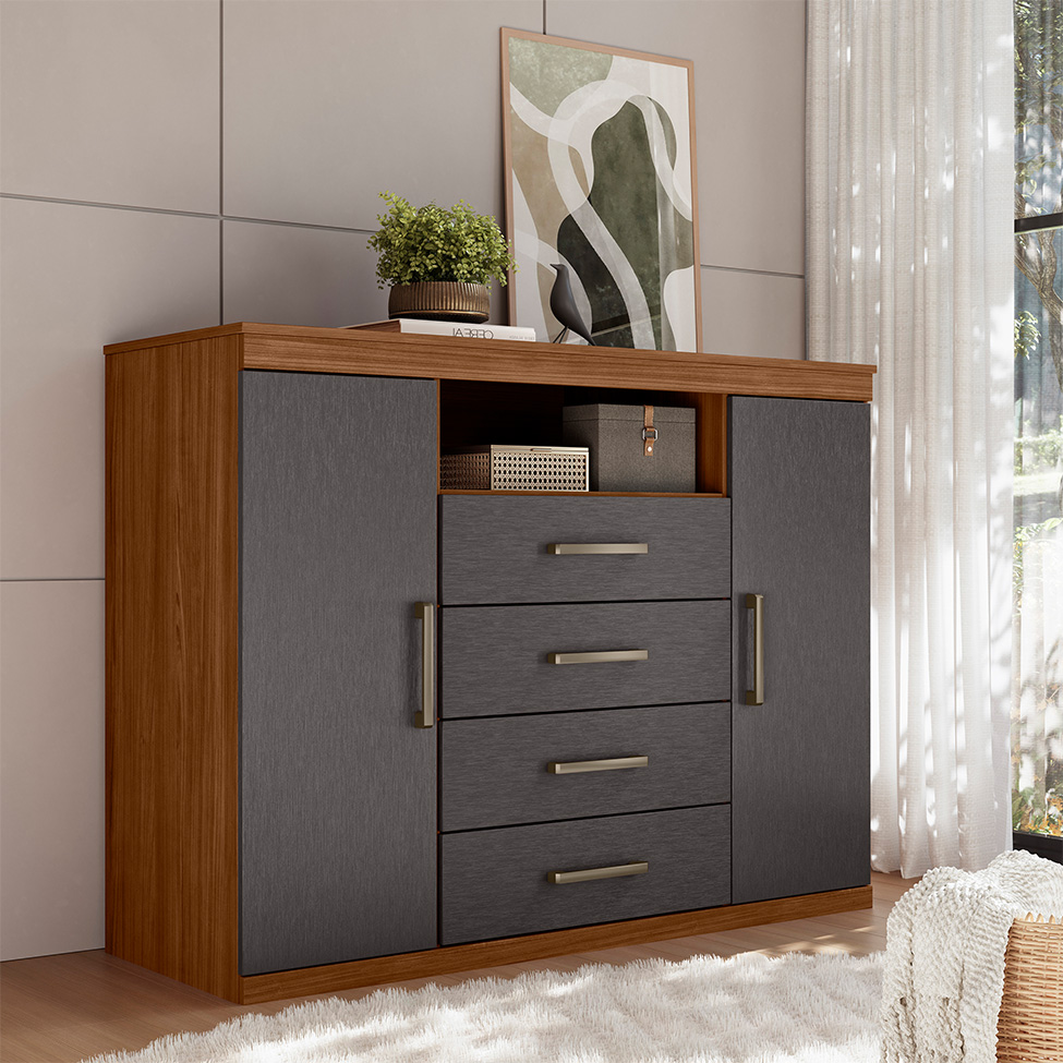 Cômoda Master 2 Portas 4 Gavetas Jabotá e Grafite