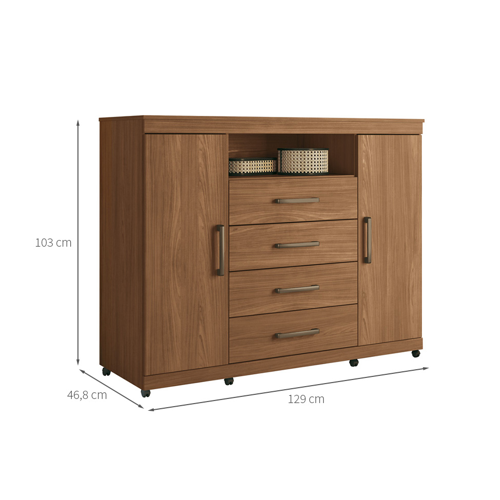 Cômoda Master com Rodízios 2 Portas 4 Gavetas Jatobá