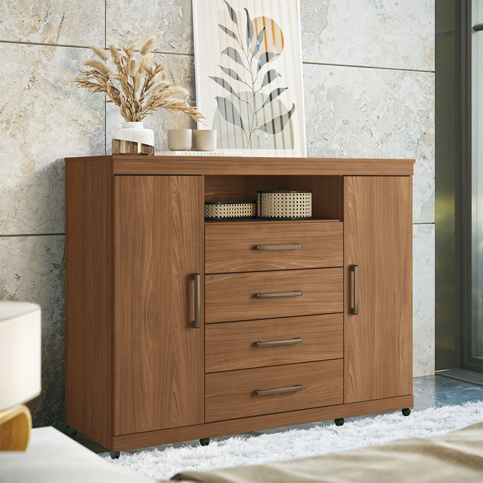 Cômoda Master com Rodízios 2 Portas 4 Gavetas Jatobá